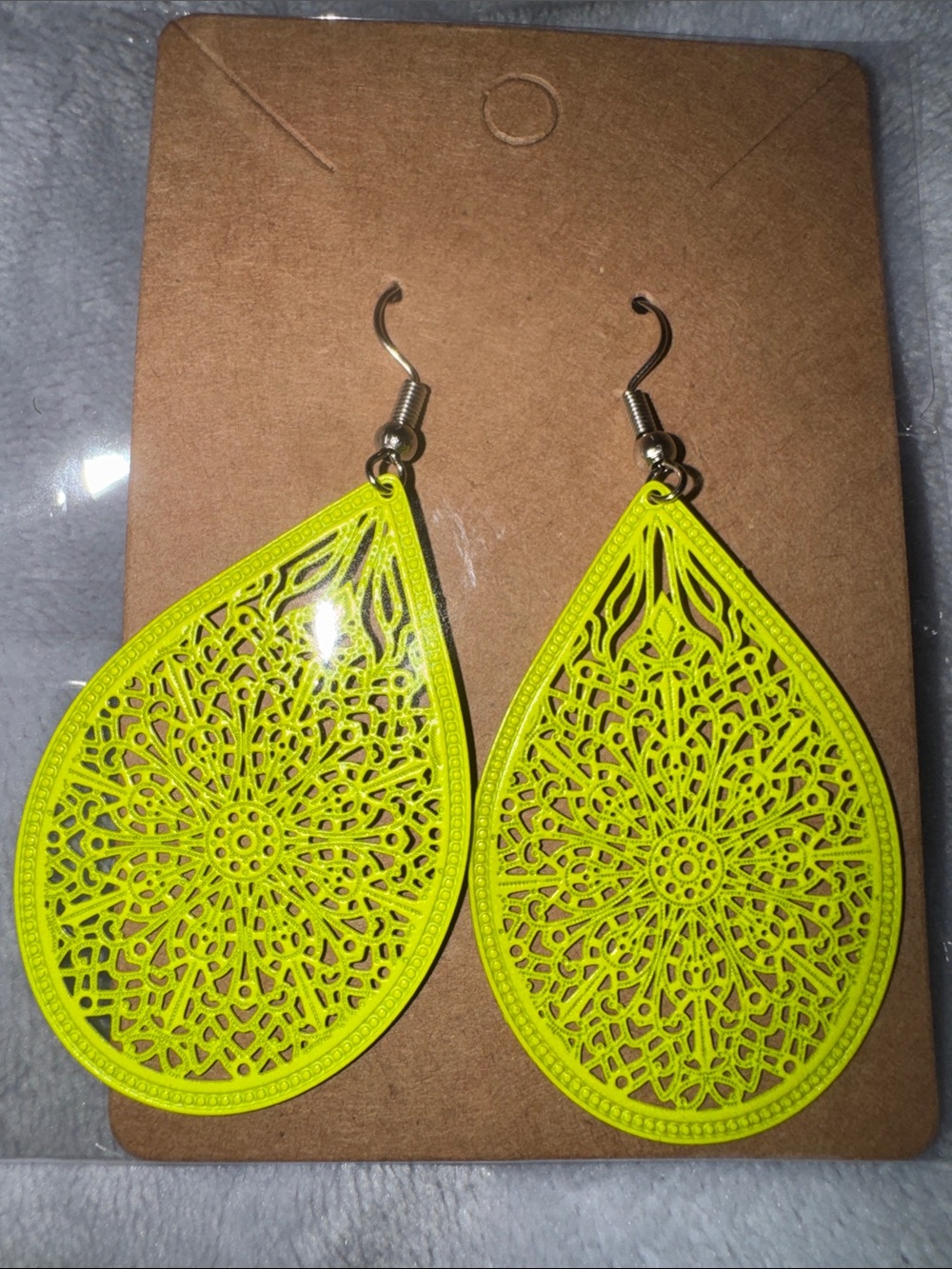 Neon Yellow Filigree Teardrop Earrings by